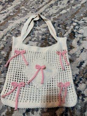 Handmade Cream Crochet Tote with Pink Bow Accents